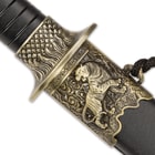 Growling Tiger Fantasy Dagger And Scabbard - Stainless Steel Blade, Faux Leather Wrap, Brass Look Collectible - Length 13 1/2"