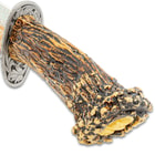 This image shows the carved wooden handle of the Deer Bowie Knife.