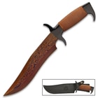 Hibben HellFyre Highlander Bowie Knife With Sheath - HellFyre Damascus Steel, Wire-Wrapped Handle, Black Metal Pommel And Guard - Length 13 1/2”