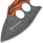 It has a full-tang, 5 1/2” 3Cr13 stainless steel blade with a non-reflective finish and finger ring holes and an open-ring pommel