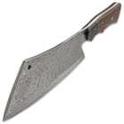 It has a hefty 8 1/4”, full-tang Damascus steel blade that’s made to chop through any and everything, including bone