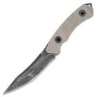 It has a full-tang, 3 3/4” stainless steel upswept blade with a stonewashed finish and finger jimping on the spine