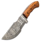 Timber Wolf Mountain Tracker Knife With Sheath - Damascus Steel Blade, Sawback, Wooden Handle Scales, Lanyard Hole - Length 10”