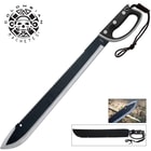 This machete has a black sawback blade, injection molded handle, and black sheath.