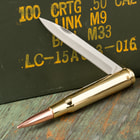 This knife is the exact same dimensions as an actual .50 caliber bullet and has a polished solid brass case with a copper-plated bullet on the tip.