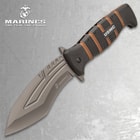 It has a 5 3/4” titanium-coated stainless steel blade with a non-reflective finish and the Marine Corps logo etched in white