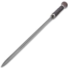 It has an 18 1/4” Damascus steel blade that can be drawn from the metal shaft with the push button blade release