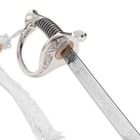 USMC Marines saber sword with zoomed view of steel embossed blade and guard with a tassel tied to the pommel
