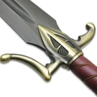 A close-up view of the sword's unique handguard