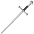 Multiple angles of the 22 1/2 inch long warrior short broadsword features including cross shaped handle, pewter pommel, sharp double edged stainless steel blade and black sheath wrapped in a leather b