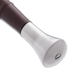Zoomed view of hefty polished pommel attached to wooden handle wrapped with brown leather
