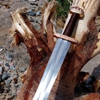 The Honshu Ballinderry Viking Sword shown against a tree with view of the brass pommel and guard and brown leather wrapped handle.
