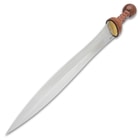Full view of the Honshu Roman Mainz Pattern Gladius with its 1065 carbon steel blade and wooden handle with brass detailing.