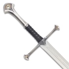 Close up detailed image of the pommel, handle, and hilt of King Elessar's Anduril Sword Replica