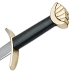Hilt with black leather wrapped handle and solid brass guard and pommel.  
