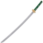 A samurai sword with 27 inch damascus steel blade extended from a brass habaki and rayskin wrapped handle in green nylon cord

