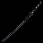 Shinwa Japanese sword with a faux rayskin hardwood handle encased in all black wooden scabbard wrapped with black cord
