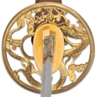 The water dragon-themed, brass tsuba is also complemented by an intricate, dragon-themed brass handle collar