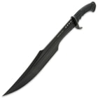 It has a full-tang, 16 1/2” black 7Cr13 stainless steel blade, which features a blood groove and weight-reducing thru-holes in the spine