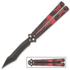 Crimson Dragon Butterfly Knife - Stainless Steel Blade, Black Non-Reflective Finish, Raised Artwork, Latch Lock - Length 9 1/4”