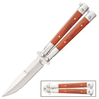 Classic Wooden Butterfly Knife - Stainless Steel Blade, Wooden Handle, Stainless Bolsters, Latch Lock, Double Flippers - Length 7 3/4”