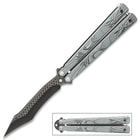 Grey Dragon Butterfly Knife - Stainless Steel Blade, Molded Steel Handle, Latch Lock, Double Flippers - Length 9 1/4”