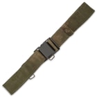 The utility belt is thick nylon webbing with a large, quick-release buckle