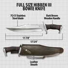 Close-up detailed view of the Hibben III Bowie Knife's dark brown wood handle with black micarta spacers.