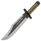 This 13” knife has a 8 1/2” razor-sharp stainless steel blade with sawback blade design and cord wrapped handle.