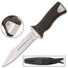 Delta Defender Dive Knife With Belt And Sheath - Stainless Steel Blade, Ridged ABS And TPR Handle, Sawback Serrations - Length 9 3/4”