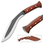 Three different views of the kukri with its 1055 carbon steel blade and dark wooden handle scales, secured with brass pins.