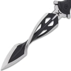 The dagger has a twisting, 7 1/2” 2Cr13 stainless steel blade with a two-tone satin and black oxide-coated finish