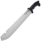 The machete has a 11 3/4”, razor-sharp 3Cr13 stainless steel blade with a sawback and a gut hook