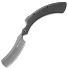 Side view of the razor knife shown open with 3 1/4" full-tang grey titanium finish blade with black G10 handle scales.