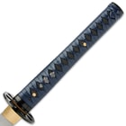 The 39 1/2” overall katana’s wooden handle is intricately wrapped in eye-catching, blue faux leather and black rayskin