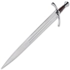 Angled Honshu sword stainless steel edge extended from polished handguard and wooden handle wrapped in brown leather
