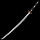 Full-tang blade is crafted of Damascus steel, extended from a polished brass habaki and snake designed handguard
