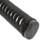 The black cord-wrapped handle has a flat, metal alloy pommel
