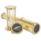 Compass, Telescope And Minute Timer Set In Wooden Box - High-Quality Brass Construction, Working Pieces - Box 6”x 4”