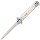 Pearl handled switchblade stilleto knife with silver mirror polished 4 3/4" blade. 
