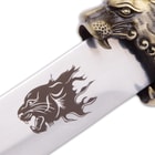 Wild Cat Fantasy Dagger And Scabbard - Stainless Steel Blade, Faux Leather Wrap, Brass Look Collectible - Length 13 1/2"