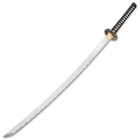 The full-tang, razor-sharp, sword has a 28”, 1045 carbon steel blade, which extends from a polished brass habaki