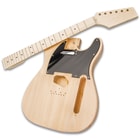 The body is made of basswood with complete shaping and routing and the neck is a solid, select maple wood with a 25 1/2” scale