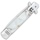 Showing the stiletto's faux pearl handle