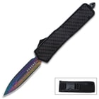 The 9” overall auto pocket knife can be stored and carried in its nylon belt sheath that has an ABS quick-release buckle