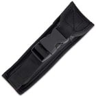 Black nylon belt sheath with a quick release buckle closure. 
