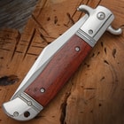 A close-up look at the automatic knife in its closed position