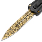 Close up image of the Damascus Automatic OTF Knife blade.