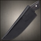 The 8” overall skinner knife can be carried securely in a premium, black leather belt sheath