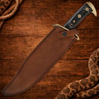 Knife in brown leather sheath on wooden background with rope